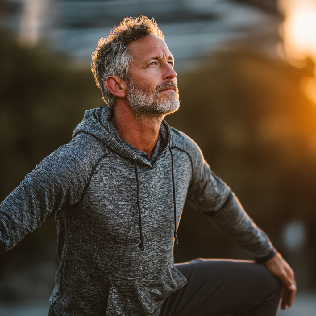 Healthy 52-year-old man in sportswear doing morning stretching exercises outdoors in a park, demonstrating active lifestyle and wellness