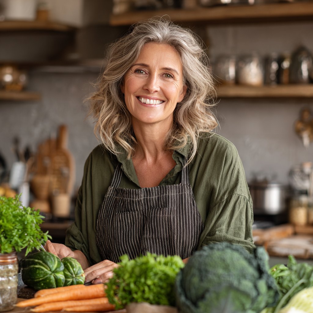 Smiling middle-aged woman in her late 40s preparing healthy fresh vegetables and greens in a modern bright kitchen, looking happy and energetic