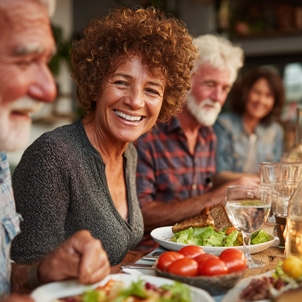 Diverse group of happy middle-aged people aged 45-55 enjoying a healthy meal together at a bright dining table, showing social wellness and balanced nutrition